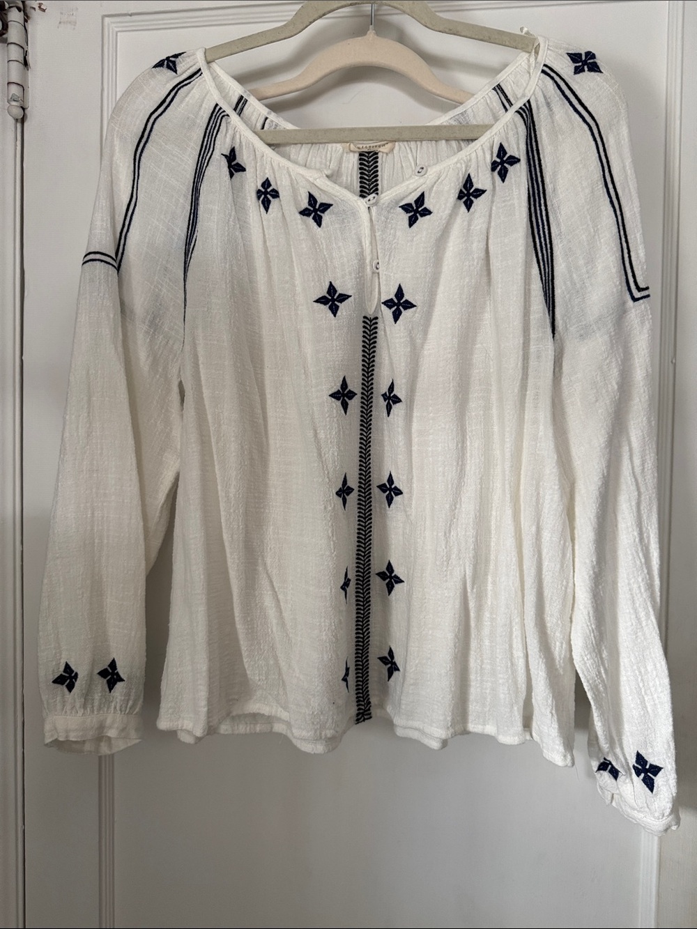 lovestitch White Gauze Peasant Blouse with Navy Embroidery